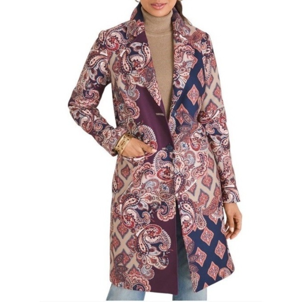 Chico's Paisley Lined Over Coat Jacket‎ Sz 4/6 Chicos 0 EC Pockets